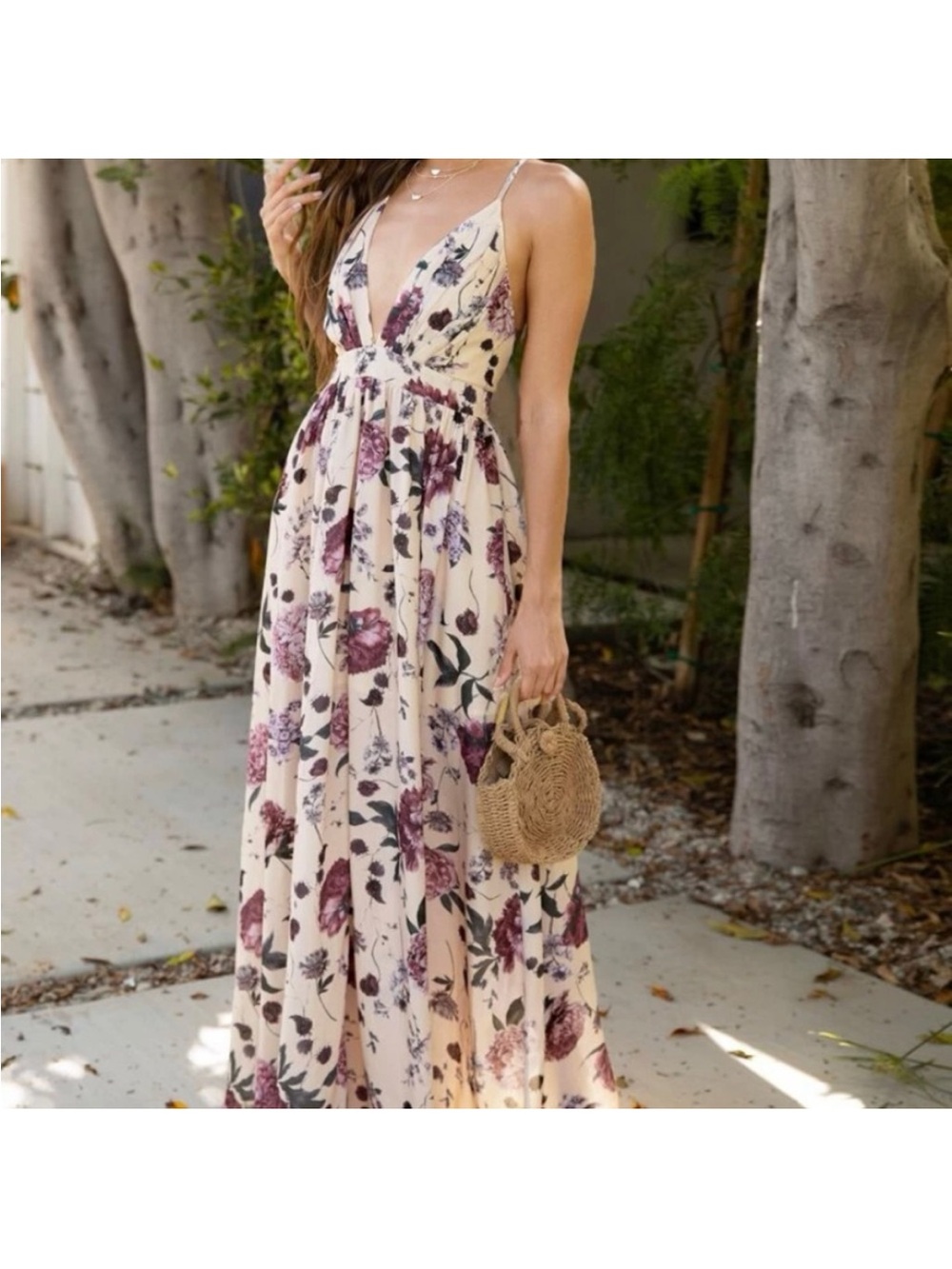 SHEIN Cream Maxi Dress with Purple Floral Print